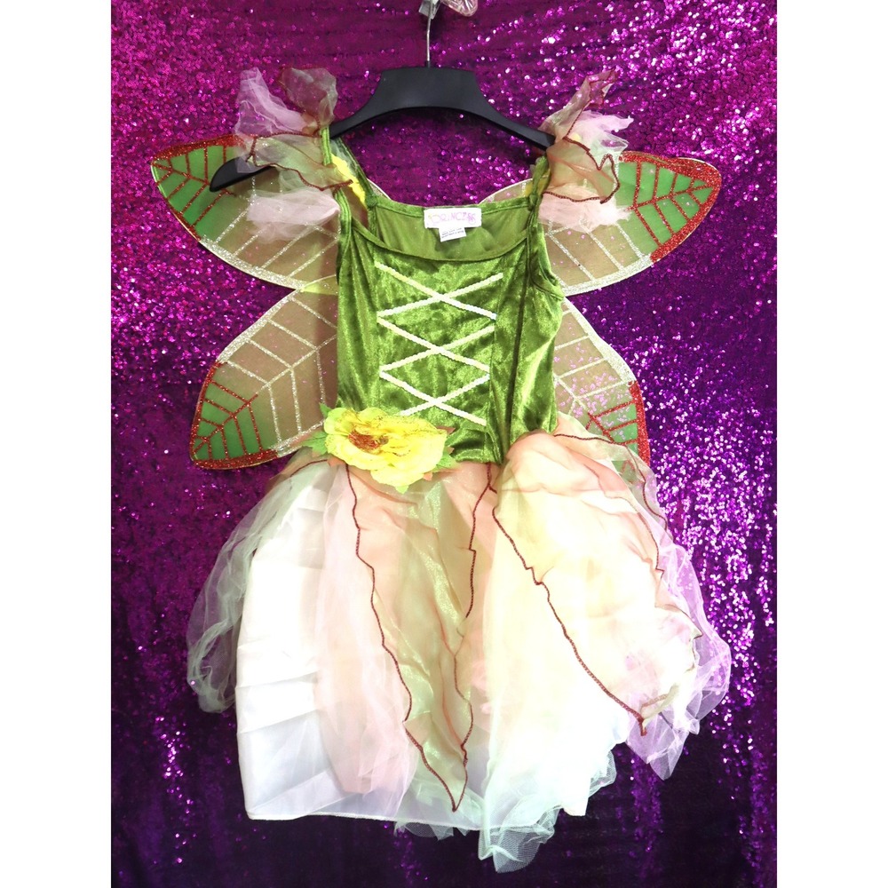 Green Forest Fairy Costume L Princess Kids Wings Velvet Dress Glitter Earth